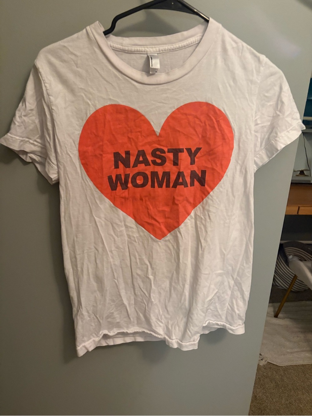 American Apparel White Short Sleeve Tee with Orange Heart "NASTY WOMAN"